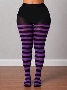 1pc Women's Purple & Black Striped Semi-Sheer Colorblock Fashion Tights - Black - View 1