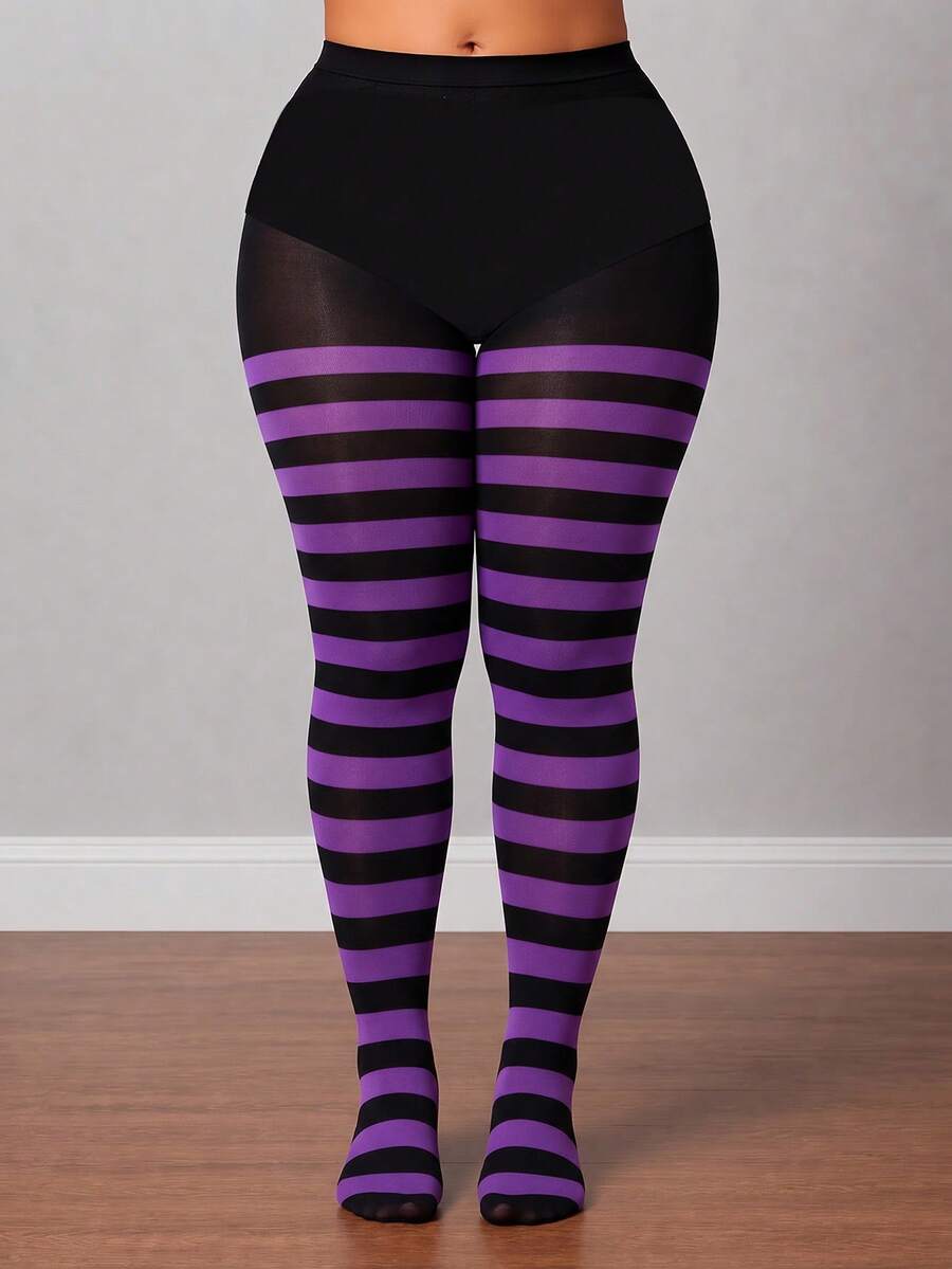 1pc Women's Purple & Black Striped Semi-Sheer Colorblock Fashion Tights - Black - View 1