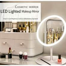 Women's LED Light-Up Makeup Mirror, Touch Control 3-Color Lighting, USB Rechargeable High-Definition Makeup Mirror With Storage Tray, 500mAh Desktop Vanity Mirror - Multicolor - View 2