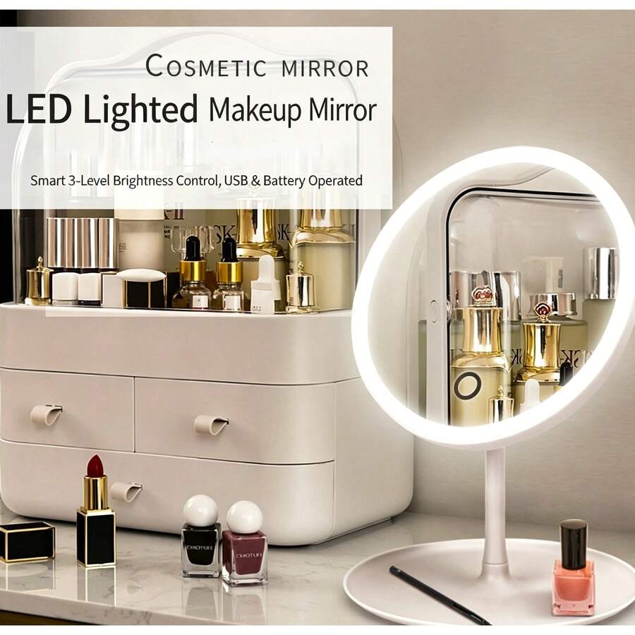 Women's LED Light-Up Makeup Mirror, Touch Control 3-Color Lighting, USB Rechargeable High-Definition Makeup Mirror With Storage Tray, 500mAh Desktop Vanity Mirror
