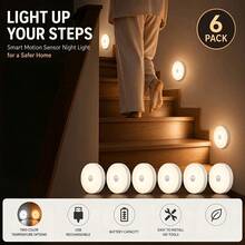 6PCS Round Magnetic Wall Lamp, USB‑Charging Wireless Sensor Night Light, Motion‑Activated Stair Light, Ideal For Entryways, Hallways And Stairwells - Multicolor - View 1