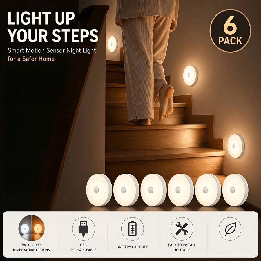 6PCS Round Magnetic Wall Lamp, USB‑Charging Wireless Sensor Night Light, Motion‑Activated Stair Light, Ideal For Entryways, Hallways And Stairwells - Multicolor - View 1