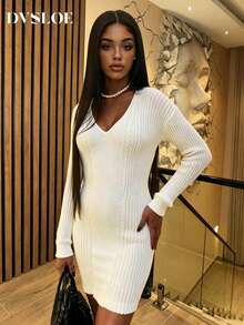 DVSLOE Women's V-Neck Cable Knit Sweater Dress, Long Sleeve Ribbed Slim Fit Bodycon Mini Dress, Fitted Party Knitwear - White - View 4