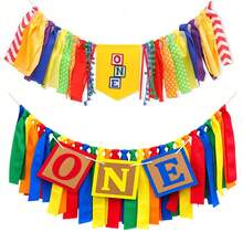 Colorful ONE 1st Birthday Fabric Banner, Building Block Theme Ribbon Tassel High Chair Banner, First Birthday Party Decorations Photo Prop - Style 1 - View 9