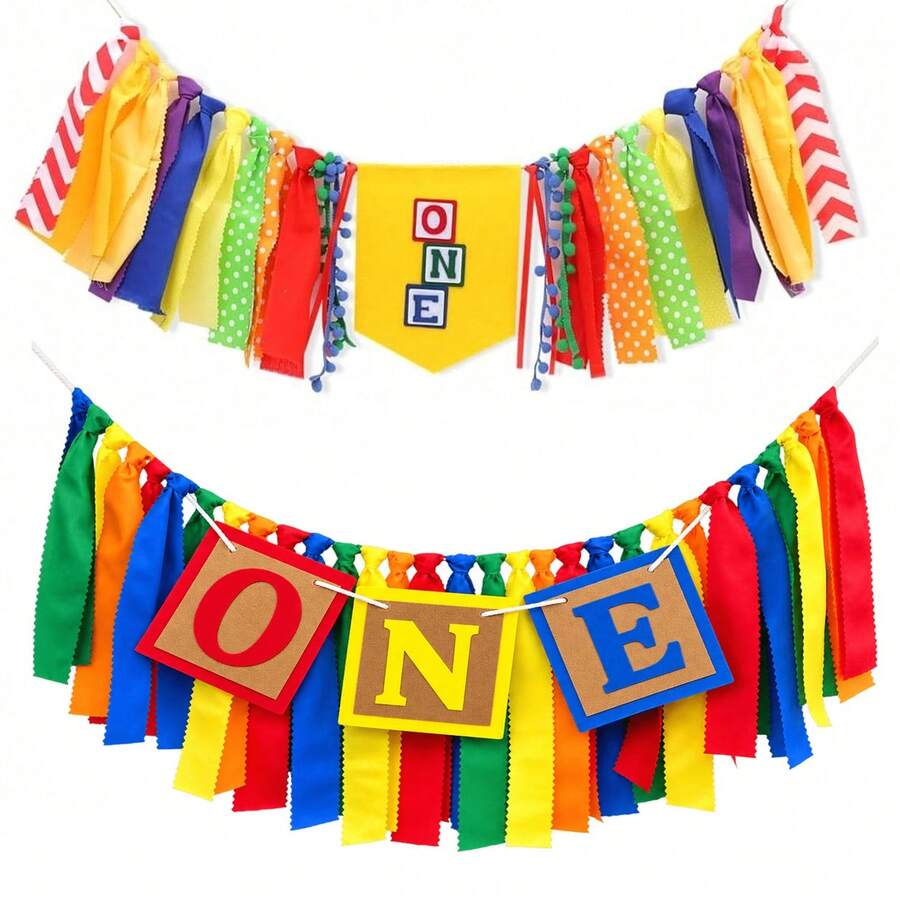 Colorful ONE 1st Birthday Fabric Banner, Building Block Theme Ribbon Tassel High Chair Banner, First Birthday Party Decorations Photo Prop - Style 1 - View 1