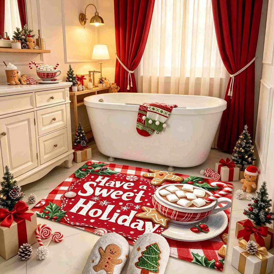 1pc Christmas Series Snowflake & Star Pattern Printed Faux Cashmere Surface TPR Bottom Door Mat, Bathroom Mat, Kitchen Mat, Laundry Room Mat, Holiday Atmosphere Decor, Home Decor, Party Decor, Wedding Decor, Dining & Kitchen Decor - Multicolor - View 1
