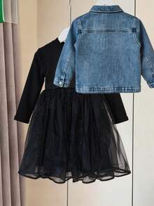 Girls Cute Fashion Denim Jacket & Dress Set, Casual Denim Outfit For Spring And Autumn - Medium Wash - View 8