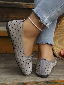 Women's Casual Elegant Comfortable Polka Dot Ballet Shoes Square Toe Loafers - Grey - View 6