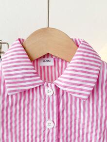 Bộ đồ bé gái thu đông họa tiết nơ, áo blouse nơ ruy băng sọc hồng và quần denim wash họa tiết nơ, phong cách thường ngày đi làm/đi chơi đa năng - Hồng - Xem 3