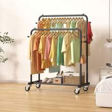 Heavy Duty Double Rail Rolling Clothes Rack With Wheels, Freestanding Garment Rack For Hanging Clothes, Metal Clothing Organizer For Bedroom, Laundry Room And Retail Display - View 6