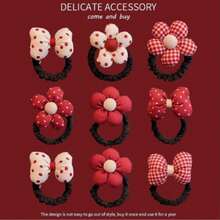 2pcs Velvet Red Flower Hair Tie, Cute Polka Dot Bow Scrunchie, Christmas Color Hair Accessory, Sweet Floral Hair Band For Daily Wear - Multicolor - View 2
