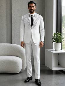 Spring Autumn Men's Rhinestone Suit Jacket & Pants Set Casual Fashion Design Everyday Wear Two Pieces Outfit - White - View 1