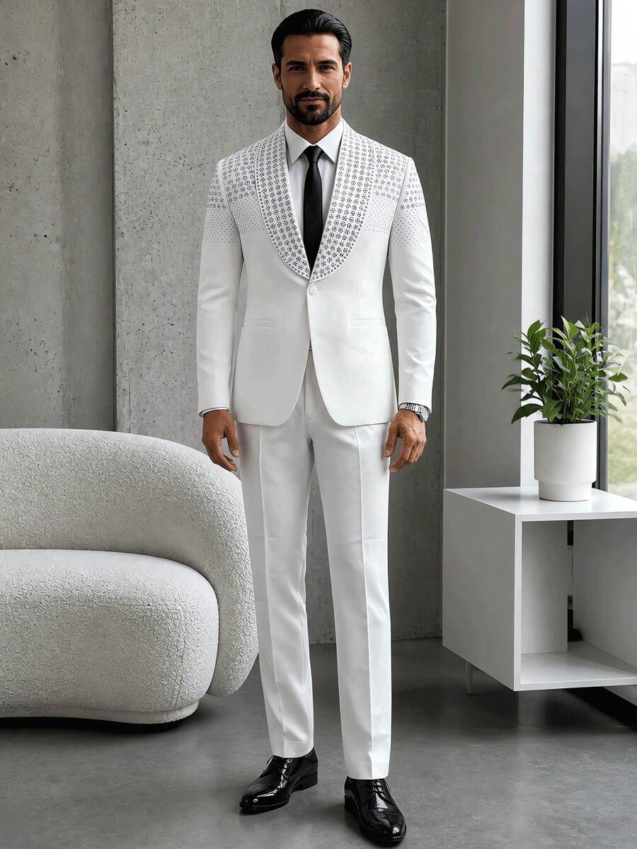 Spring Autumn Men's Rhinestone Suit Jacket & Pants Set Casual Fashion Design Everyday Wear Two Pieces Outfit - White - View 1
