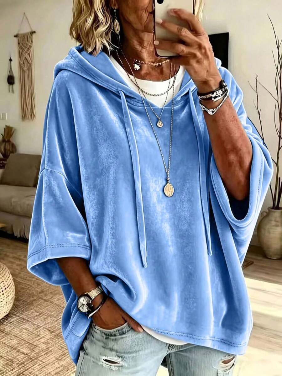 Women's Solid Color Velvet Hooded Top, Drop Shoulder 3/4 Sleeve, Drawstring Loose Casual Sweatshirt - Sky Blue - View 1