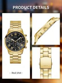 Guess Men's Multifunction Quartz Watch, Gold Stainless Steel Band, Black Dial, Roman Numerals, Business Meeting And Social Event Accessory - Gold - View 8