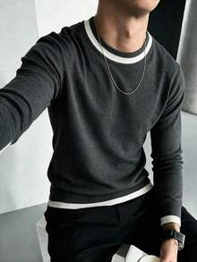Men's Contrast Trim Ribbed Crew Neck Knit Sweater, Casual Vintage Warm Pullover - Black - View 2