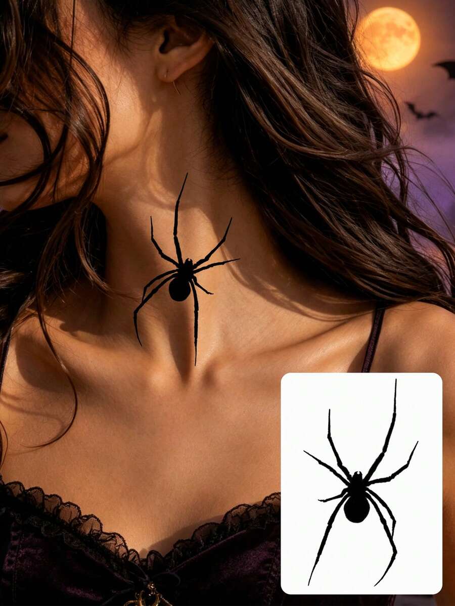 1pc Spider Tattoo Sticker For Women And Men, Waterproof Spider Pattern Temporary Tattoo For Halloween Party, Waterproof Fake Tattoo Suitable For Hand, Neck And Body Decor, Cosplay Body Art - Black - View 1