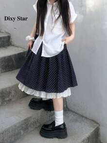 Rok Petite Motif Polkadot Retro Gaya Korea dengan Hiasan Renda dan Patchwork (Motif Polkadot Acak) - Angkatan laut - View 11