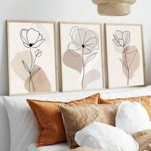 3Pcs Abstract Line Flower Canvas Wall Art, Neutral Beige Botanical One Line Art Prints, Minimalist Boho Floral Poster For Living Room, Bedroom, Kitchen, Home Decoration, Posters & Prints, Frameless - 427 - View 1