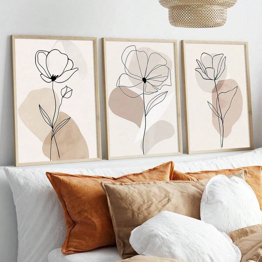 3Pcs Abstract Line Flower Canvas Wall Art, Neutral Beige Botanical One Line Art Prints, Minimalist Boho Floral Poster For Living Room, Bedroom, Kitchen, Home Decoration, Posters & Prints, Frameless - 427 - View 1