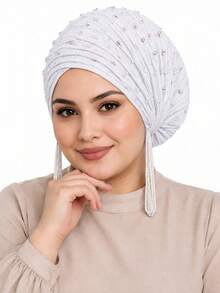 CONFLASS Hijab Berlipit dengan Hiasan Manik-Manik Rhinestone Berkilau, Desain Tali Serut dan Rumbai yang Dapat Diatur, Aksesori Harian Elegan untuk Wanita - MultiWarna - View 3
