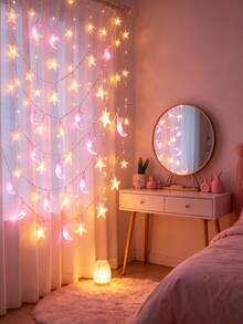 Star Moon LED String Lights Battery Powered, Warm Pink Dual Color, Fairy Lights For Bedroom Curtain Table Holiday Party Decor - Star and Moon Light String - View 8