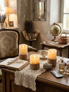 3pcs Hemp Rope Tie Simulated Flame LED Electronic Candle Lights, Remote Control Timer Flickering Flame, Vintage Country Style Desktop Decor, Christmas Holiday Party Wedding Creative Gift - Beveled Hemp Rope - View 3