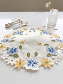 1件圓形花卉刺繡餐墊，藍色/粉色鏤空花朵刺繡桌墊，適用於婚禮、派對、餐桌與家居裝飾 - 藍色 - 查看 5