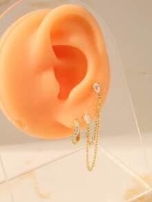 Nooxian 1 Set Gold Water Drop Zirconia Long Chain Earrings + Wave Rhinestone Ear Clips Set, Multiple Piercing Layered Tassel Ear Jewelry 2pcs - Yellow Gold - View 2