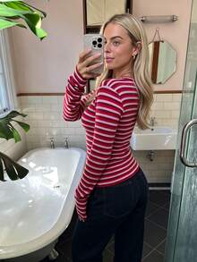 FOR BEAUTY Fall Winter Women Sweaters Elegant Casual Y2K Pink Red Striped Crew Neck Long Sleeve Slim Fit Ribbed Knit Pullover Top Daily Streetwear - Red - View 5