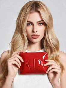 Dior Red Patent Leather CD Embossed Makeup Bag, Fashionable Bright Red Patent Leather Makeup Bag, Large Capacity CD Embossed Zipper Makeup Bag, Travel Toiletry Storage Bag, Daily Storage - Red Makeup Bag - View 5