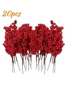 50Pcs Artificial Red Berry Branches, Realistic Plastic Holly Berry Stems For Christmas Tree Decor, Holiday Craft, Wedding Centerpiece And Home Decoration - Red - View 7