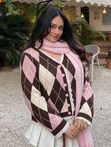 Fall/Winter Argyle Pattern Lace Patchwork Cardigan Going Out Business Fashion Knit Sweater Top - Pink - View 7
