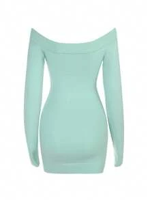 Autumn Solid Color Knit V-Neck Basic Long Sleeve Dress Women Elegant Dress Date Party - Mint Green - View 7