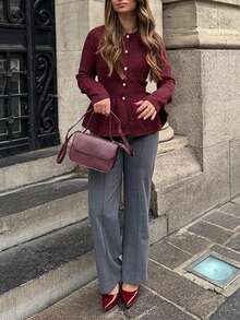 Just Masa Women's Fall Casual Button Up Ruffle Hem Sweater,Solid Color Long Sleeve Round Neck Rib-Knit Top,For Daily Wear,Going Out,Date,Christmas - Dark Red - View 9