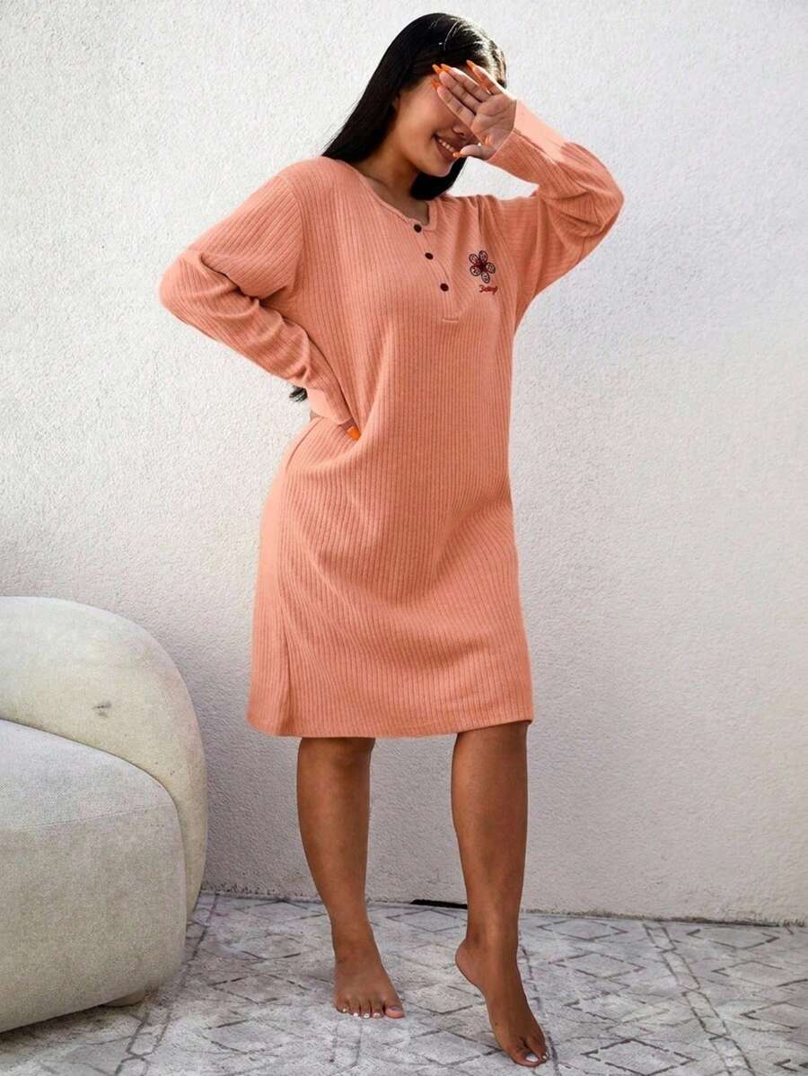 100%Cotton Plus Letter Embroidery Half Button Nightdress - Rust Brown - View 1