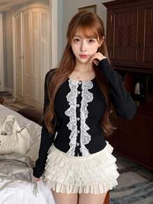 French Style Lace Trim Long Sleeve Knit Sweater Women Autumn/Winter Design Heart Button Slim Fit Inner Layer Base Layer Short Top - Black - View 7