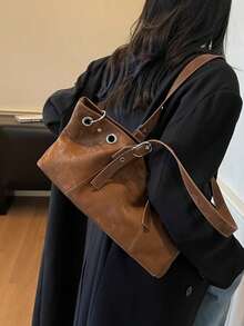 Tas Selempang Suede Kapasitas Besar Musim Gugur/Dingin Vintage, Tas Tote Minimalis, Tas Bahu Serbaguna untuk Bepergian - Coklat - View 4