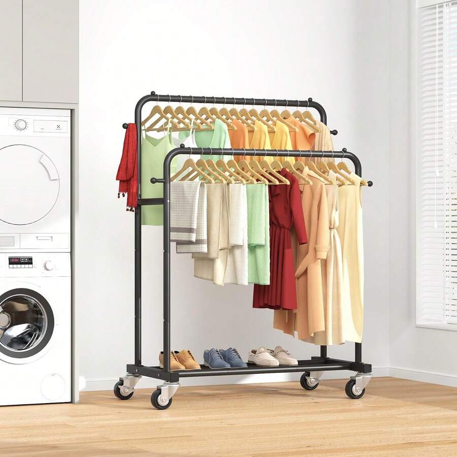 Heavy Duty Double Rail Rolling Clothes Rack With Wheels, Freestanding Garment Rack For Hanging Clothes, Metal Clothing Organizer For Bedroom, Laundry Room And Retail Display - View 1