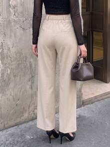 Women's Solid Color High Waist Straight Leg Pants, Casual Fashion, Suitable For Outings, Commuting, Riding (Belt Not Included) - Apricot - View 2