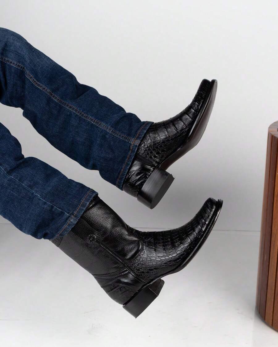 Fratello Shoe Store Men High-Top Leather Riding Boots - Black - View 1