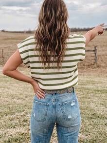 Stripe Side Slits Crewneck Short Sleeve Sweater Tee Round-Neck Loose Color-Blocking Plus-Size Knitted Sweater,Christmas New Year - Green - View 5