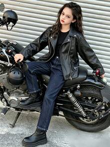 Tween Girl Fashion Casual Spring/Autumn/Winter PU Leather Zipper Front Motorcycle Jacket - Black - View 5