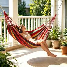 1pc Canvas Cotton Double Hammock For 1 Or 2 People, With Tree Hanging Straps, Portable & Comfortable, Suitable For Patio, Backyard, Outdoor, Indoor, Home, Garden, Camping, Travel, Red & Blue Color, Best Gift Choice (Includes Tie Ropes And Storage Bag) - Multicolor - View 3