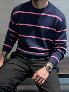 Men's Colorblock Striped Crew Neck Knit Sweater, Casual Retro Long Sleeve Pullover - Navy Blue - View 2