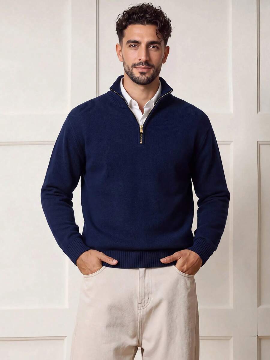 Voidago Men's Solid Color Long Sleeve Casual Versatile Zip-Up Stand Collar Sweater, For Fall Winter - Navy Blue - View 1