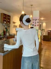 Women Bow Long Sleeve T-Shirt Spring Sexy Style Fitted Base Layer Inner Wear Slim Square Neck Top - Apricot - View 5