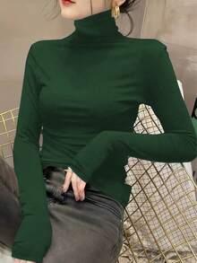 Women's High Neck Turtleneck Base Layer Top, Spring Autumn Winter 2024 New Style, Long Sleeve Black Thin Top - Dark Green 1 - View 2