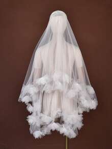Double-Layer 3D Floral Tulle Mid-Length Bridal Veil Featuring Large Handmade Flower Embellishments-Perfect For Weddings And Photoshoots. - Multicolor - View 5