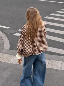 Women Fall Elegant Casual Brown Plaid Stand Collar Zip Up Long Sleeve Jacket For Office Going Out Vacation - New Multicolor - View 5